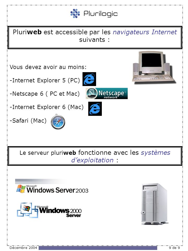 Décembre de 9 Pluriweb est accessible par les navigateurs Internet suivants : Le serveur pluriweb fonctionne avec les systèmes dexploitation : Vous devez avoir au moins: -Internet Explorer 5 (PC) -Netscape 6 ( PC et Mac) -Internet Explorer 6 (Mac) -Safari (Mac)