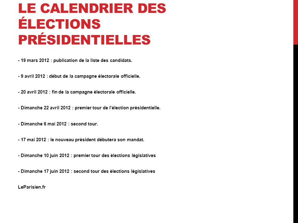 LE CALENDRIER DES ÉLECTIONS PRÉSIDENTIELLES - 19 mars 2012 : publication de la liste des candidats.