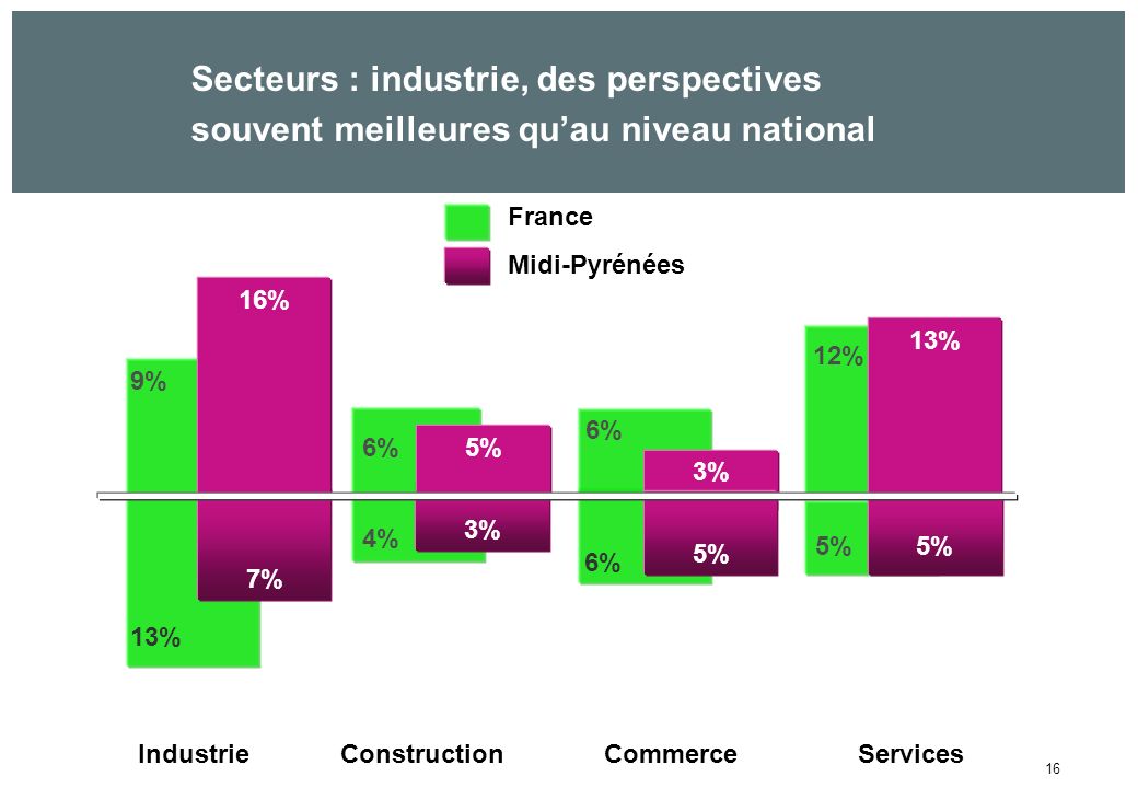 16 Secteurs : industrie, des perspectives souvent meilleures quau niveau national France Midi-Pyrénées 3% 9% 6% 12% 13% IndustrieConstructionCommerceServices 13% 7% 16% 5% 6% 4% 5% 6% 5%