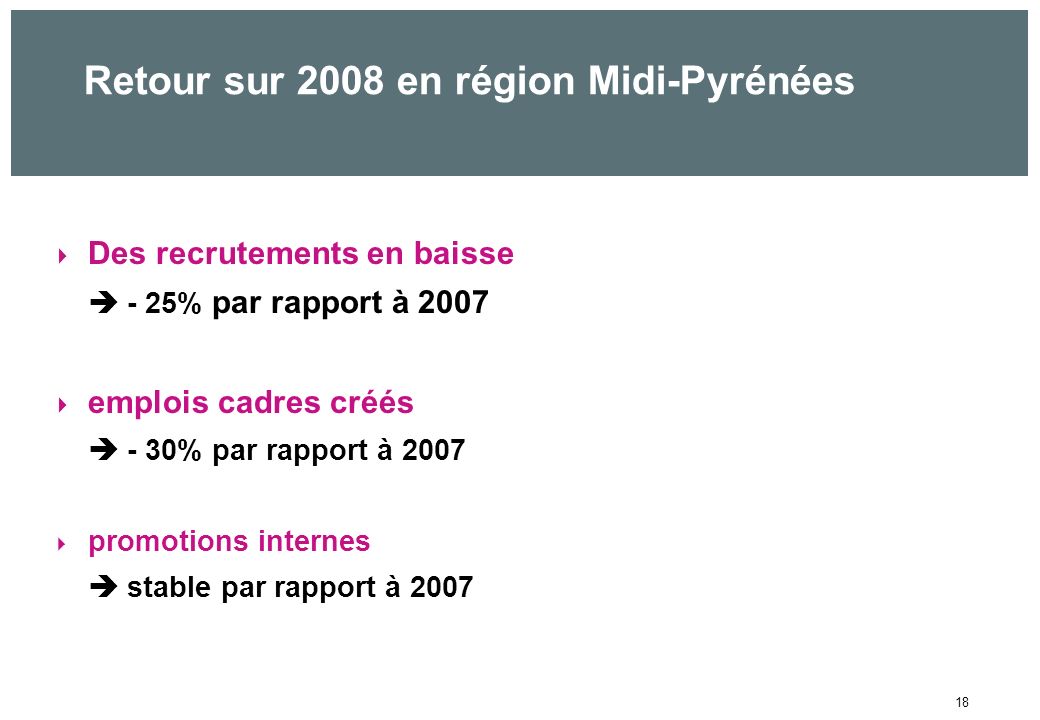 18 Retour sur 2008 en région Midi-Pyrénées Des recrutements en baisse - 25% par rapport à 2007 emplois cadres créés - 30% par rapport à 2007 promotions internes stable par rapport à 2007