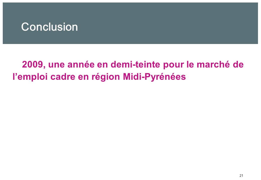 21 Conclusion 2009, une année en demi-teinte pour le marché de lemploi cadre en région Midi-Pyrénées