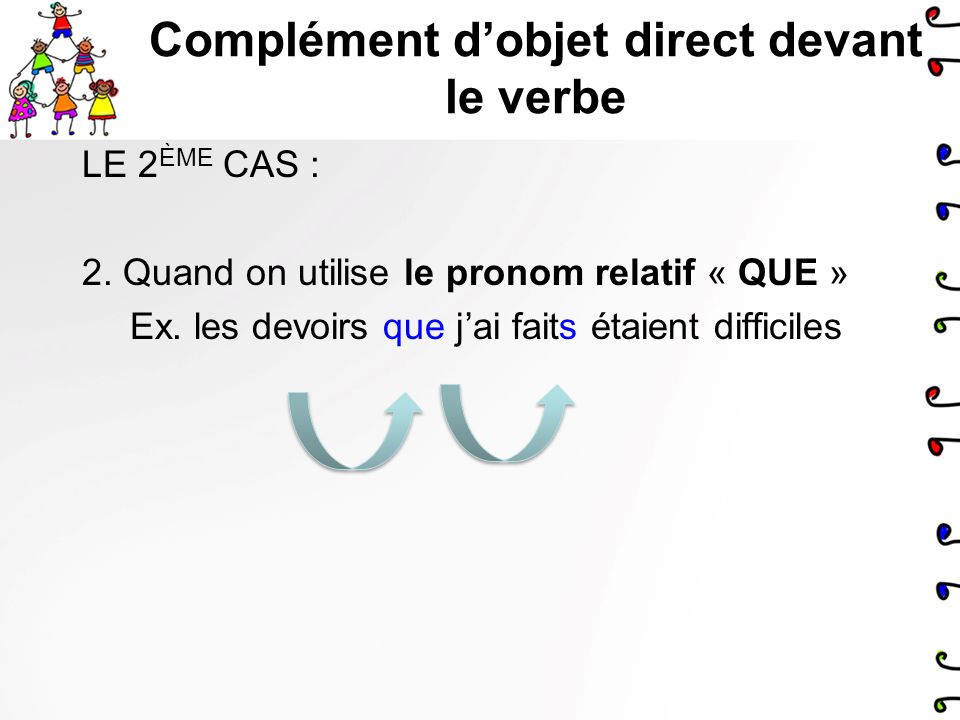 Complément dobjet direct devant le verbe En français, il y a 3 cas quand le complément dobjet direct peut être DEVANT le verbe: 1.Quand on utilise un pronom personnel Le – la - l - les – me- te- nous –vous Ex.