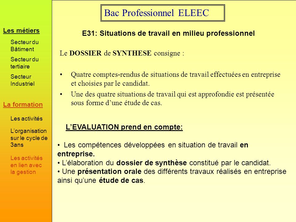 Bac Professionnel ELEEC Le DOSSIER de SYNTHESE consigne : Quatre comptes-rendus de situations de travail effectuées en entreprise et choisies par le candidat.