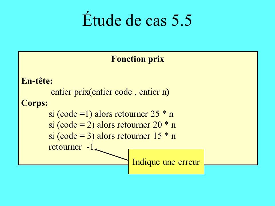 Étude de cas 5.5 Fonction prix En-tête: entier prix(entier code, entier n) Corps: si (code =1) alors retourner 25 * n si (code = 2) alors retourner 20 * n si (code = 3) alors retourner 15 * n retourner -1 Indique une erreur