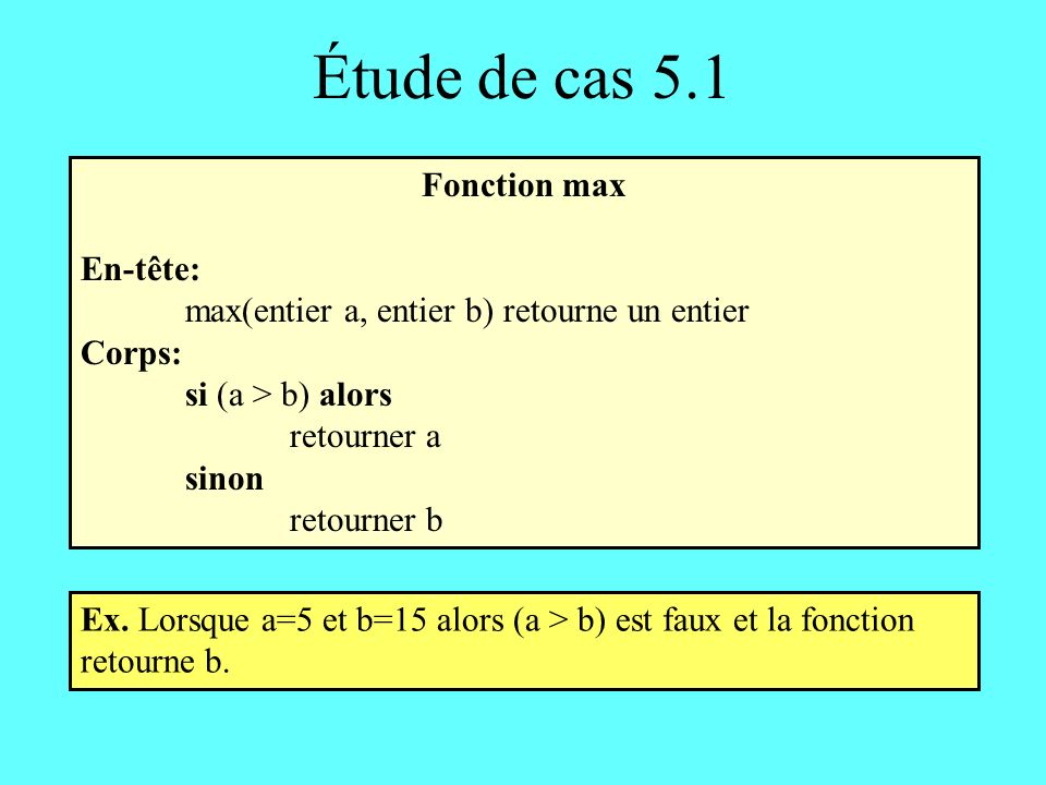 Étude de cas 5.1 Fonction max En-tête: max(entier a, entier b) retourne un entier Corps: si (a > b) alors retourner a sinon retourner b Ex.