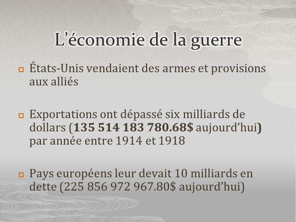 États-Unis vendaient des armes et provisions aux alliés Exportations ont dépassé six milliards de dollars ( $ aujourdhui) par année entre 1914 et 1918 Pays européens leur devait 10 milliards en dette ( $ aujourdhui)