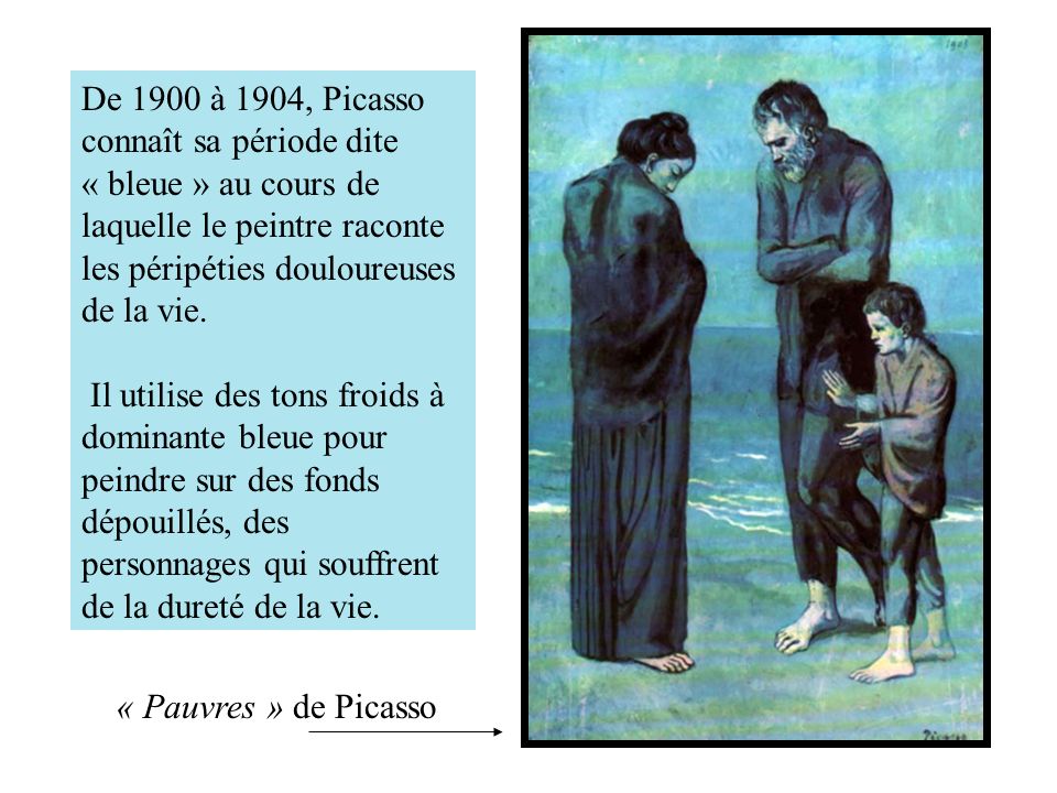 De 1900 à 1904, Picasso connaît sa période dite « bleue » au cours de laquelle le peintre raconte les péripéties douloureuses de la vie.