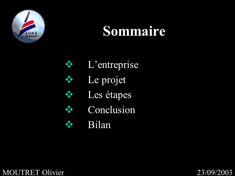 23/09/2003MOUTRET Olivier Sommaire Lentreprise Le projet Les étapes Conclusion Bilan