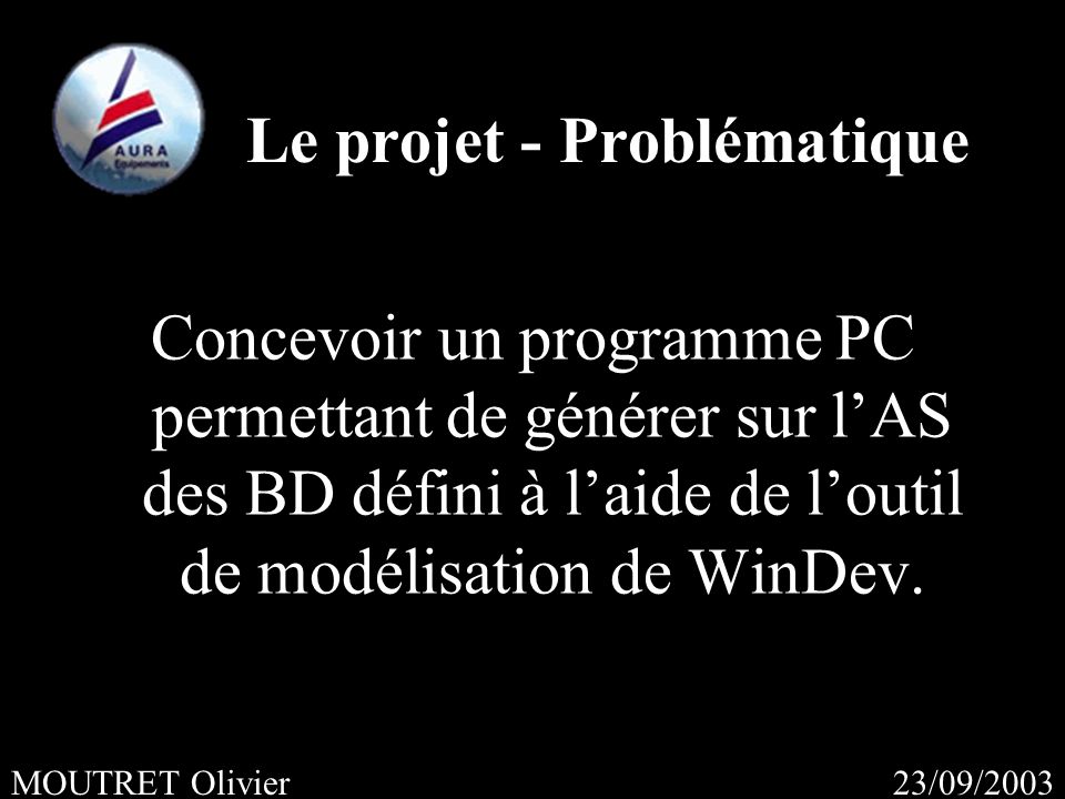 23/09/2003MOUTRET Olivier Concevoir un programme PC permettant de générer sur lAS des BD défini à laide de loutil de modélisation de WinDev.
