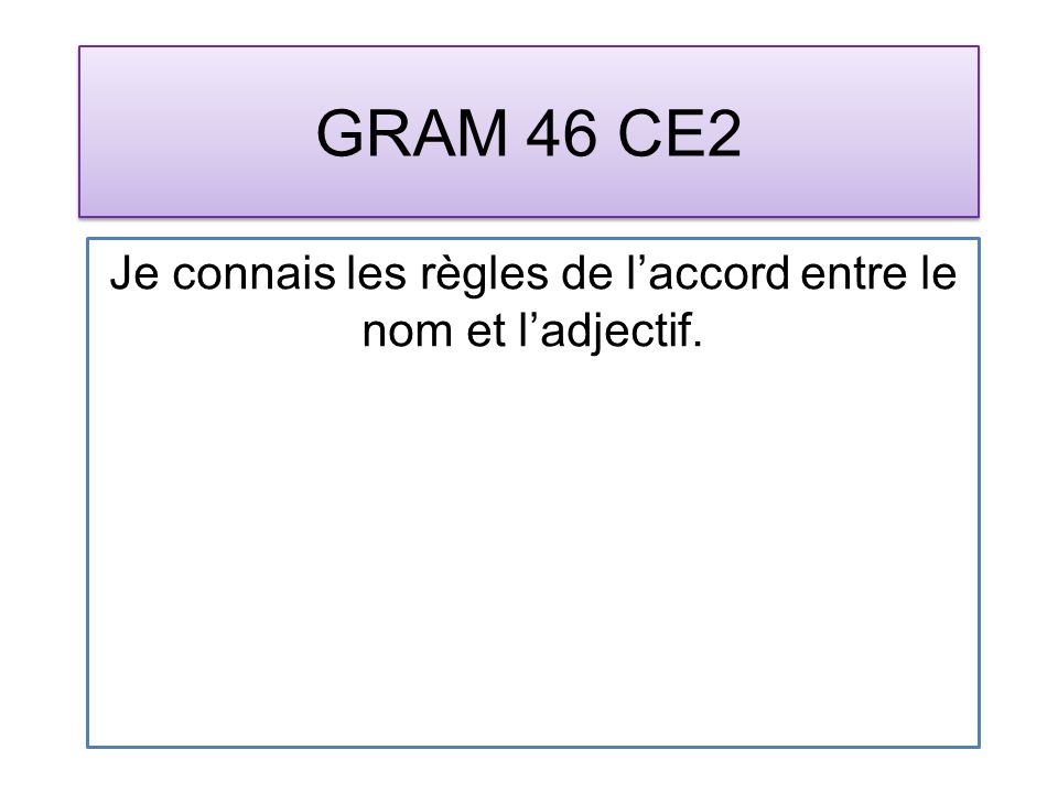 GRAM 46 CE2 Je connais les règles de laccord entre le nom et ladjectif.