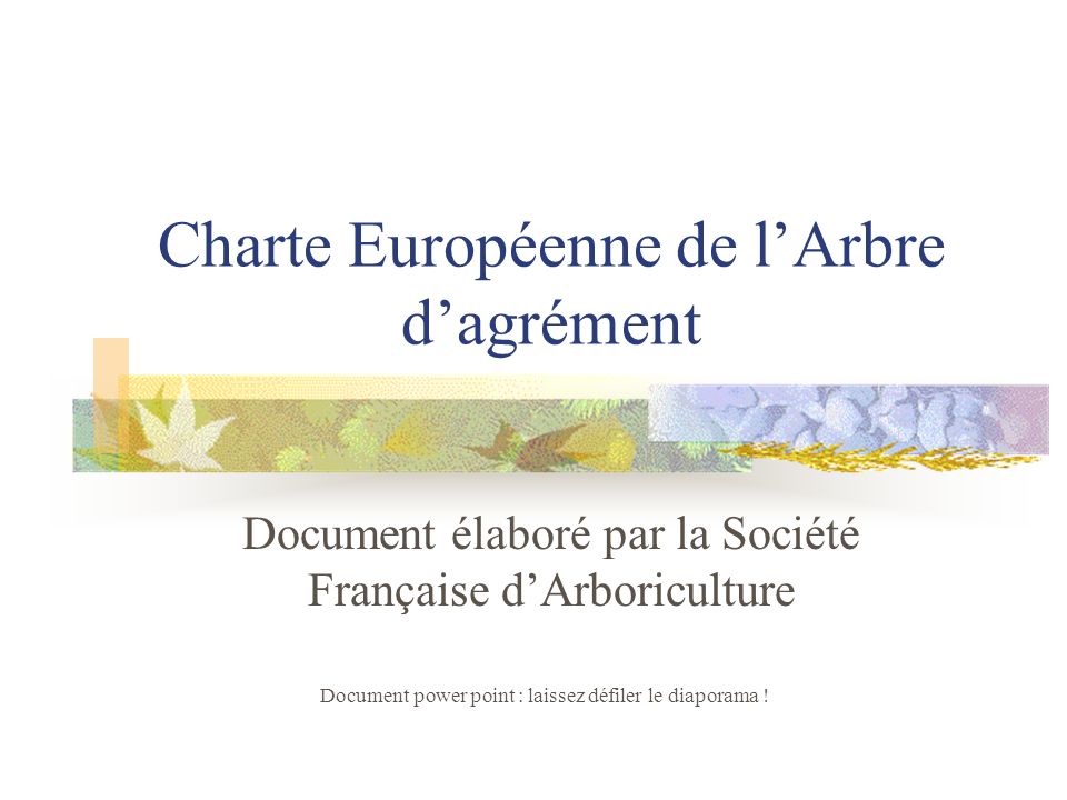 Charte Européenne de lArbre dagrément Document élaboré par la Société Française dArboriculture Document power point : laissez défiler le diaporama !