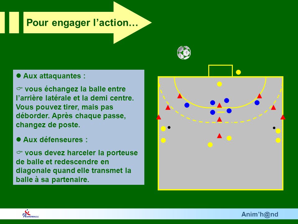 Aux attaquantes : vous échangez la balle entre larrière latérale et la demi centre.