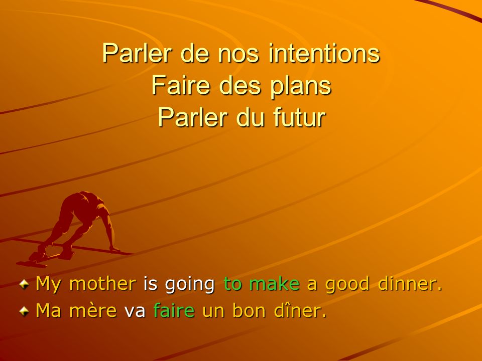 Parler de nos intentions Faire des plans Parler du futur My mother is going to make a good dinner.