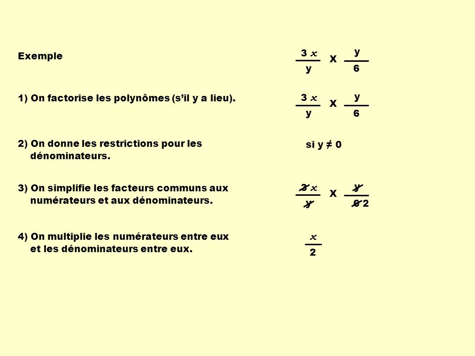 1) On factorise les polynômes (sil y a lieu). 2) On donne les restrictions pour les dénominateurs.