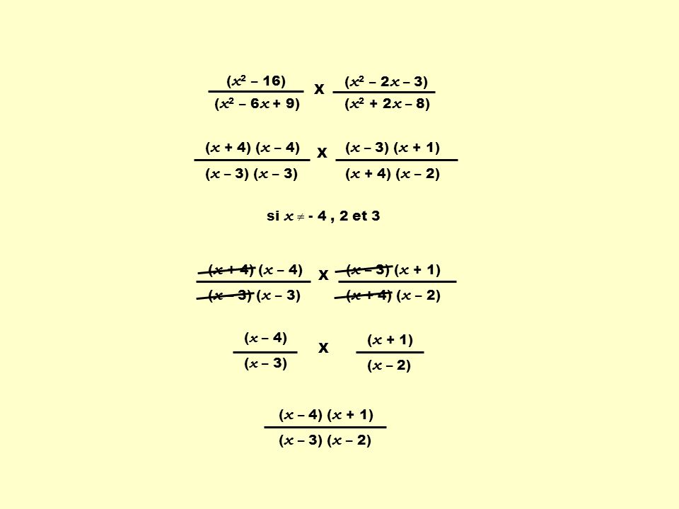 ( x 2 – 16) ( x 2 – 6 x + 9) ( x 2 – 2 x – 3) ( x x – 8) X ( x + 4) ( x – 4) ( x – 3) ( x – 3) ( x – 3) ( x + 1) ( x + 4) ( x – 2) X ( x + 4) ( x – 4) ( x – 3) ( x – 3) ( x – 3) ( x + 1) ( x + 4) ( x – 2) X ( x – 4) ( x – 3) ( x + 1) ( x – 2) X ( x – 4) ( x + 1) ( x – 3) ( x – 2) si x - 4, 2 et 3
