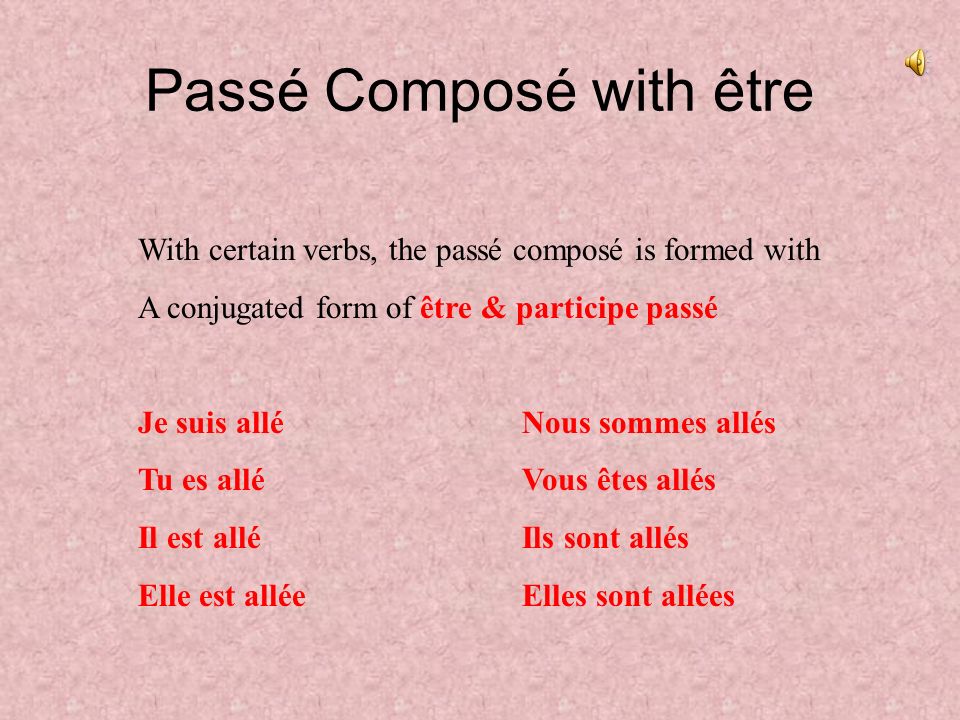 Passé Composé with être With certain verbs, the passé composé is formed with A conjugated form of être & participe passé Like aller: je suis allé