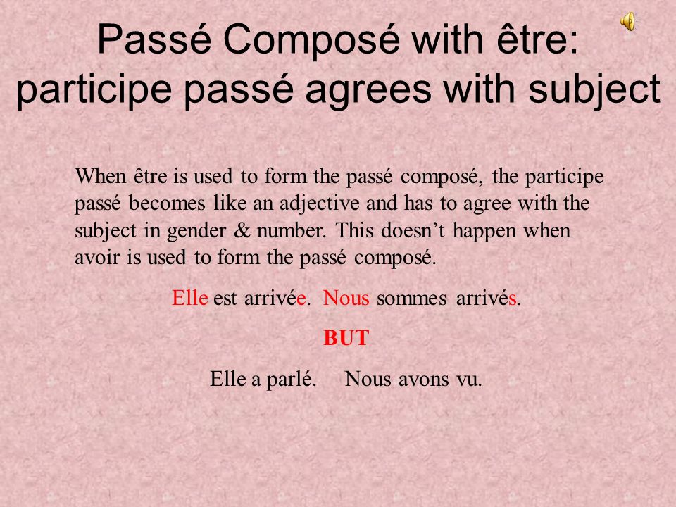 Passé Composé with être: participe passé agrees with subject Aller ArriverTomber