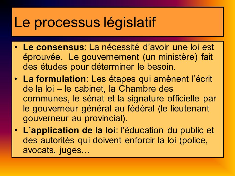 Le processus législatif Le consensus: La nécessité davoir une loi est éprouvée.