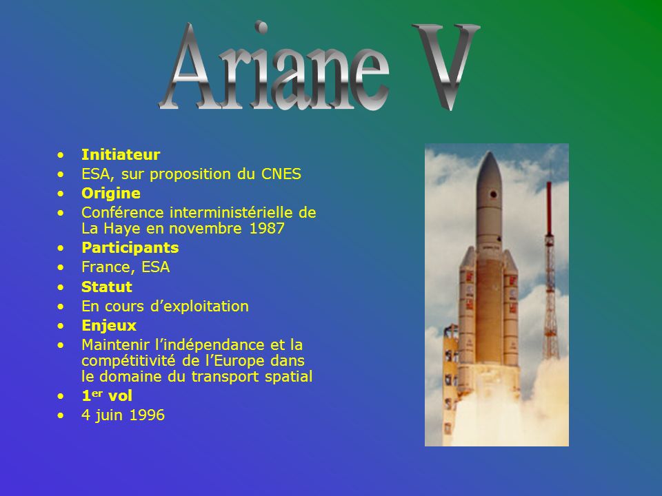 Hauteur : 54.1 m à 58.4 m Poids : 243 t à 480 t En 10 ans, 111 des 116 satellites confiés à Ariane 4 ont été placés en orbite.