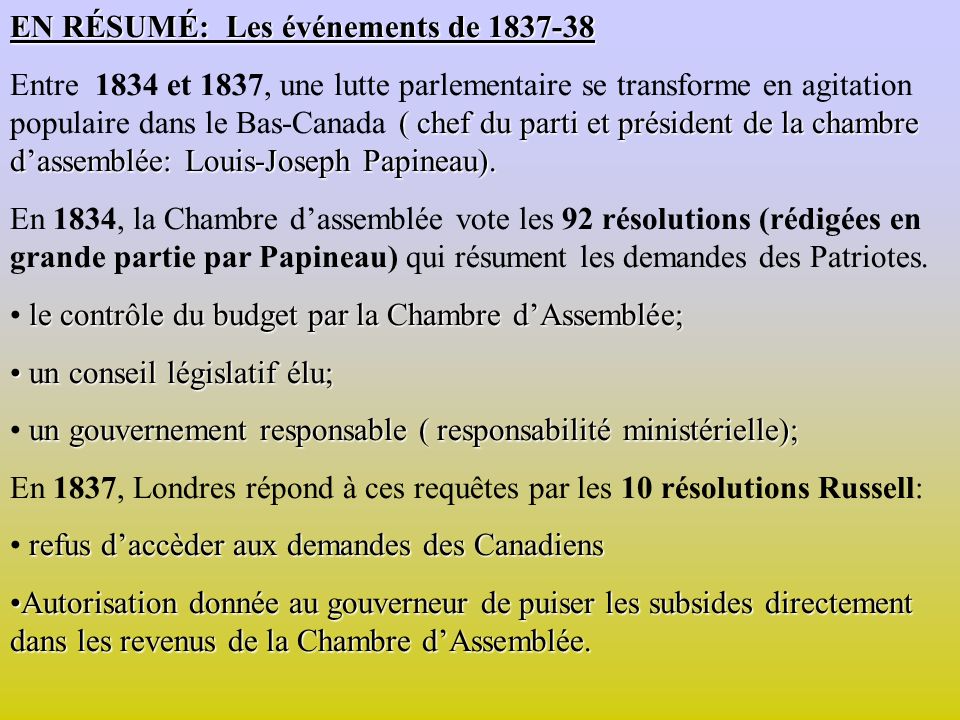 EN RÉSUMÉ: Les événements de ( chef du parti et président de la chambre dassemblée: Louis-Joseph Papineau).