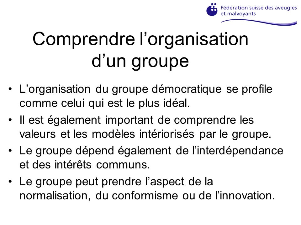 Comprendre lorganisation dun groupe Lorganisation du groupe démocratique se profile comme celui qui est le plus idéal.