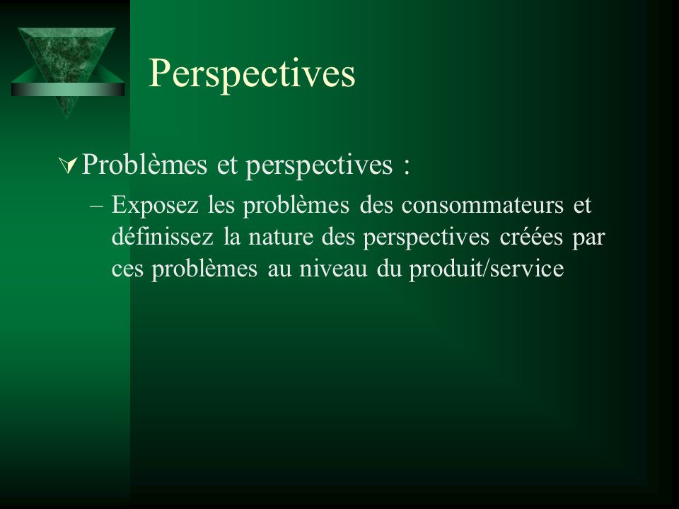 Perspectives Problèmes et perspectives : –Exposez les problèmes des consommateurs et définissez la nature des perspectives créées par ces problèmes au niveau du produit/service