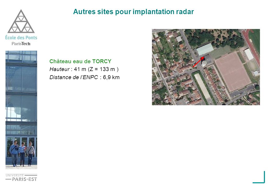 Autres sites pour implantation radar Château eau de TORCY Hauteur : 41 m (Z = 133 m ) Distance de lENPC : 6,9 km