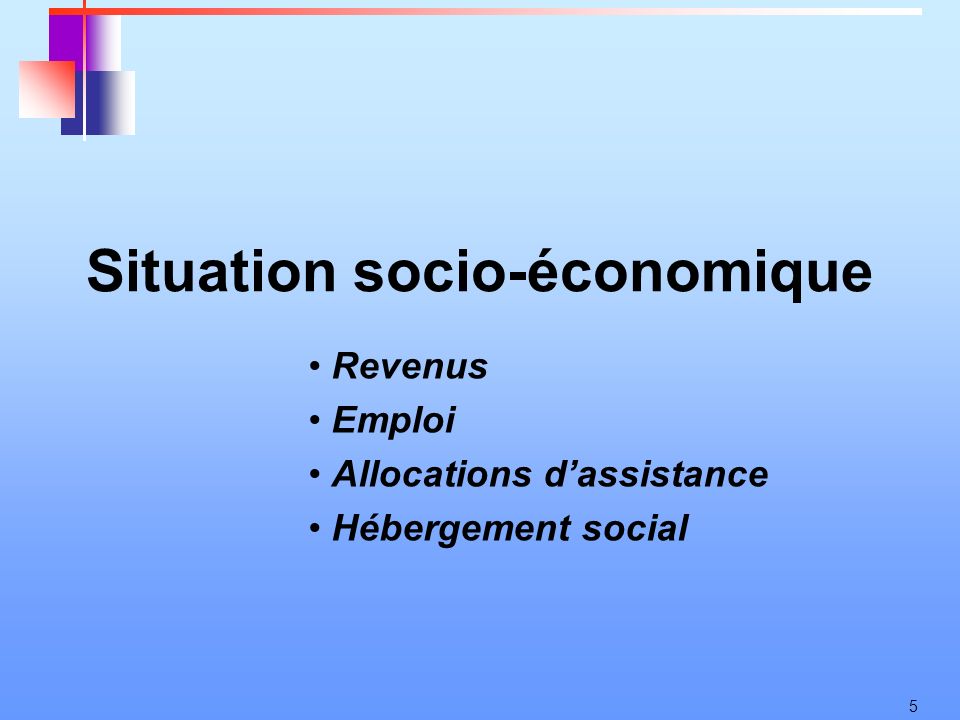 5 Situation socio-économique Revenus Emploi Allocations dassistance Hébergement social