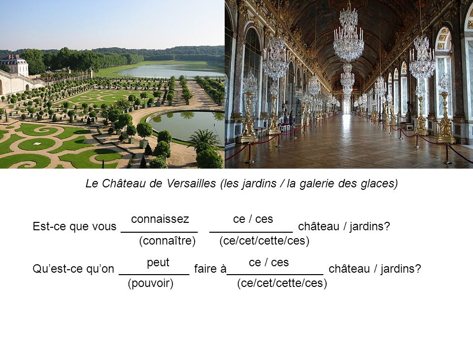 Le Château de Versailles (les jardins / la galerie des glaces) Est-ce que vous ____________ _____________ château / jardins.