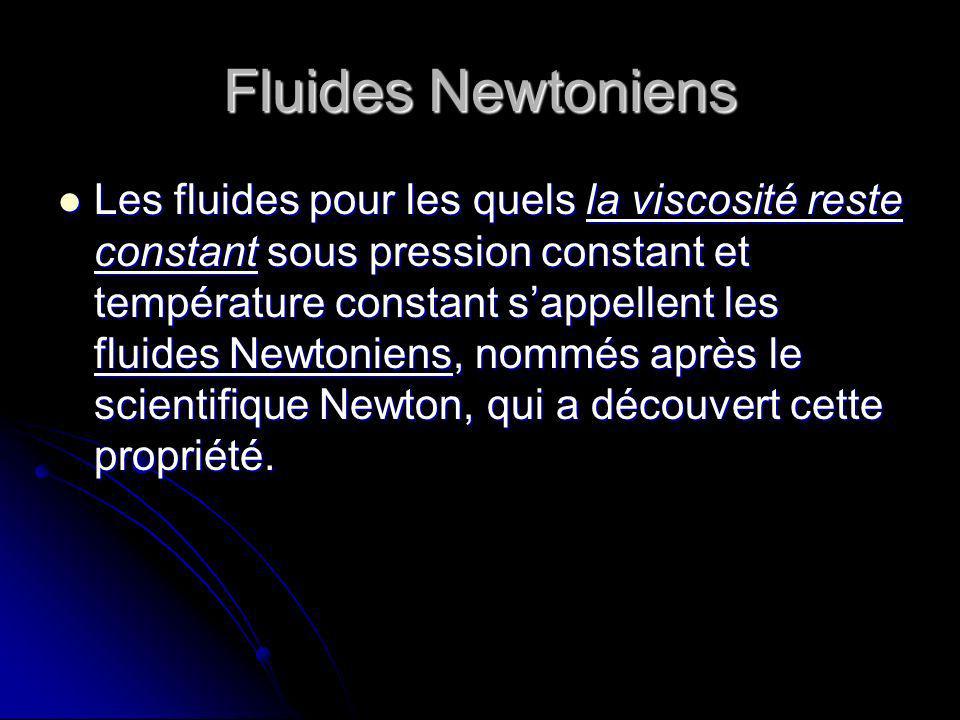 Fluides Newtoniens Les fluides pour les quels la viscosité reste constant sous pression constant et température constant sappellent les fluides Newtoniens, nommés après le scientifique Newton, qui a découvert cette propriété.
