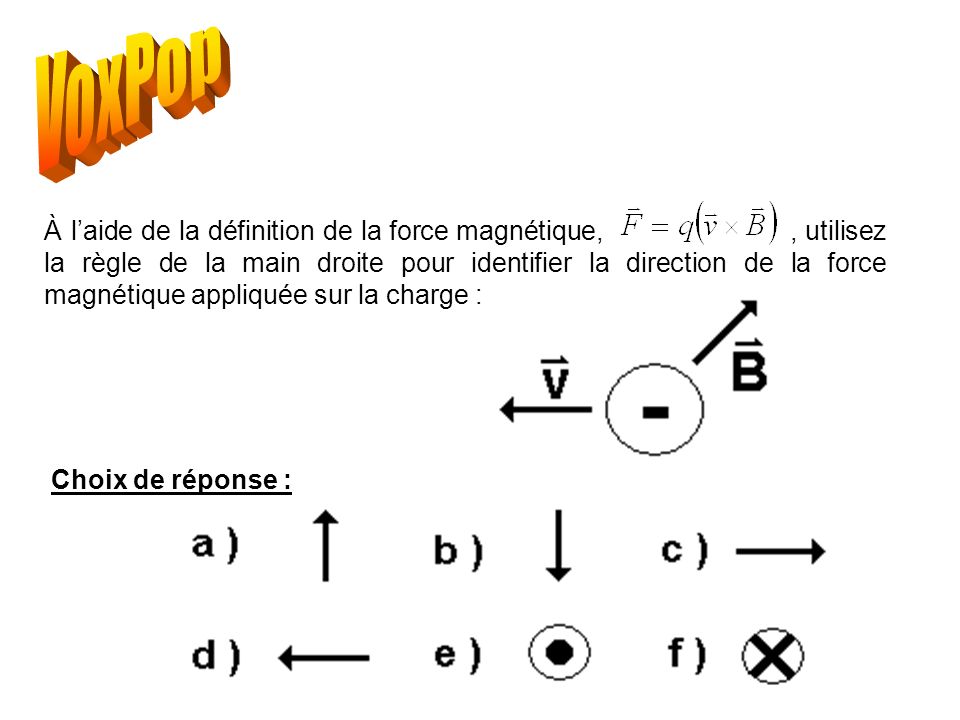 À laide de la définition de la force magnétique,, utilisez la règle de la main droite pour identifier la direction de la force magnétique appliquée sur la charge : Choix de réponse :