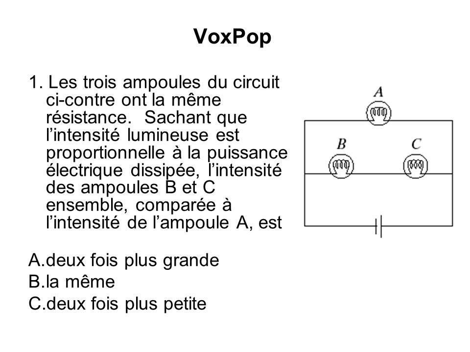 VoxPop 1. Les trois ampoules du circuit ci-contre ont la même résistance.
