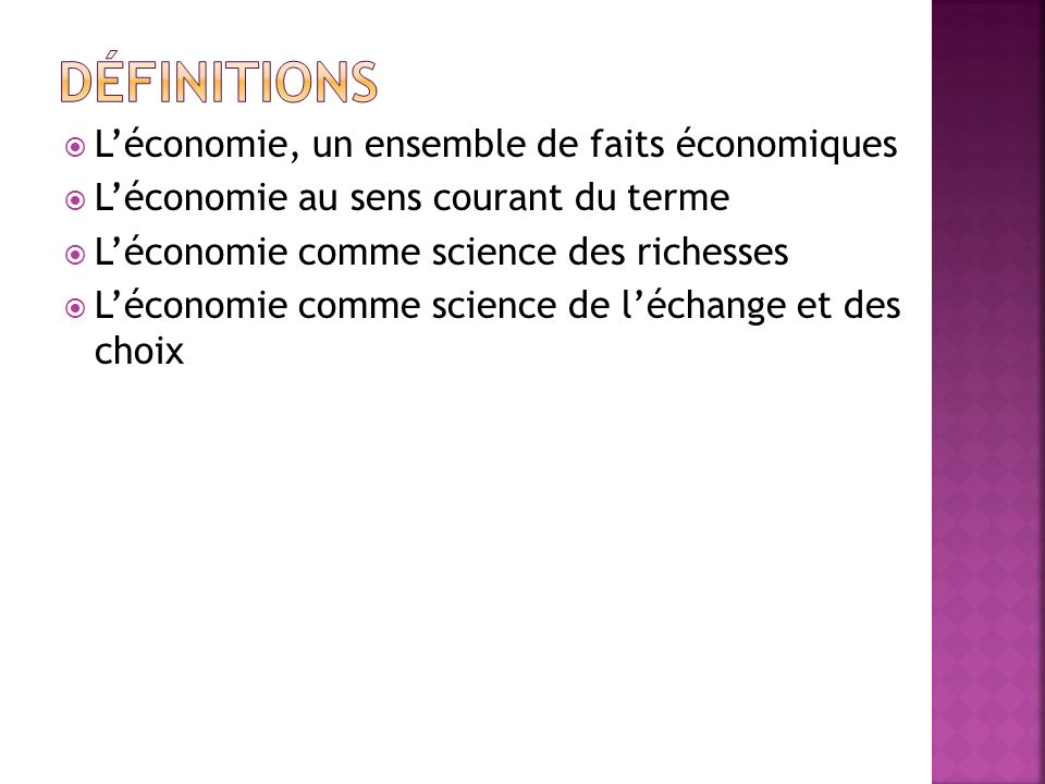 Léconomie, un ensemble de faits économiques Léconomie au sens courant du terme Léconomie comme science des richesses Léconomie comme science de léchange et des choix
