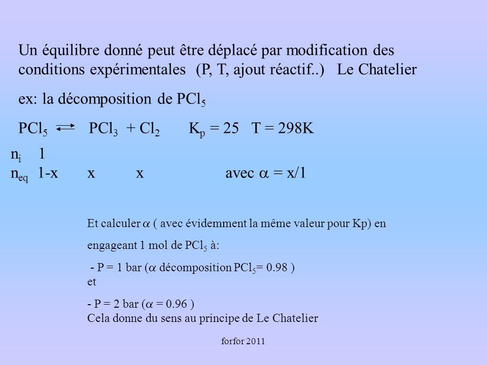forfor 2011 Un équilibre donné peut être déplacé par modification des conditions expérimentales (P, T, ajout réactif..) Le Chatelier ex: la décomposition de PCl 5 PCl 5 PCl 3 + Cl 2 K p = 25 T = 298K Et calculer ( avec évidemment la même valeur pour Kp) en engageant 1 mol de PCl 5 à: - P = 1 bar ( décomposition PCl 5 = 0.98 ) et - P = 2 bar ( = 0.96 ) Cela donne du sens au principe de Le Chatelier n i 1 n eq 1-x x x avec = x/1