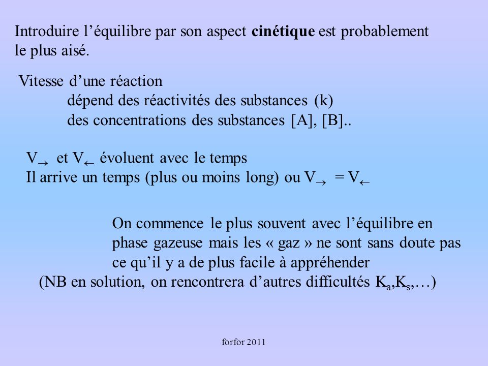 forfor 2011 Vitesse dune réaction dépend des réactivités des substances (k) des concentrations des substances [A], [B]..