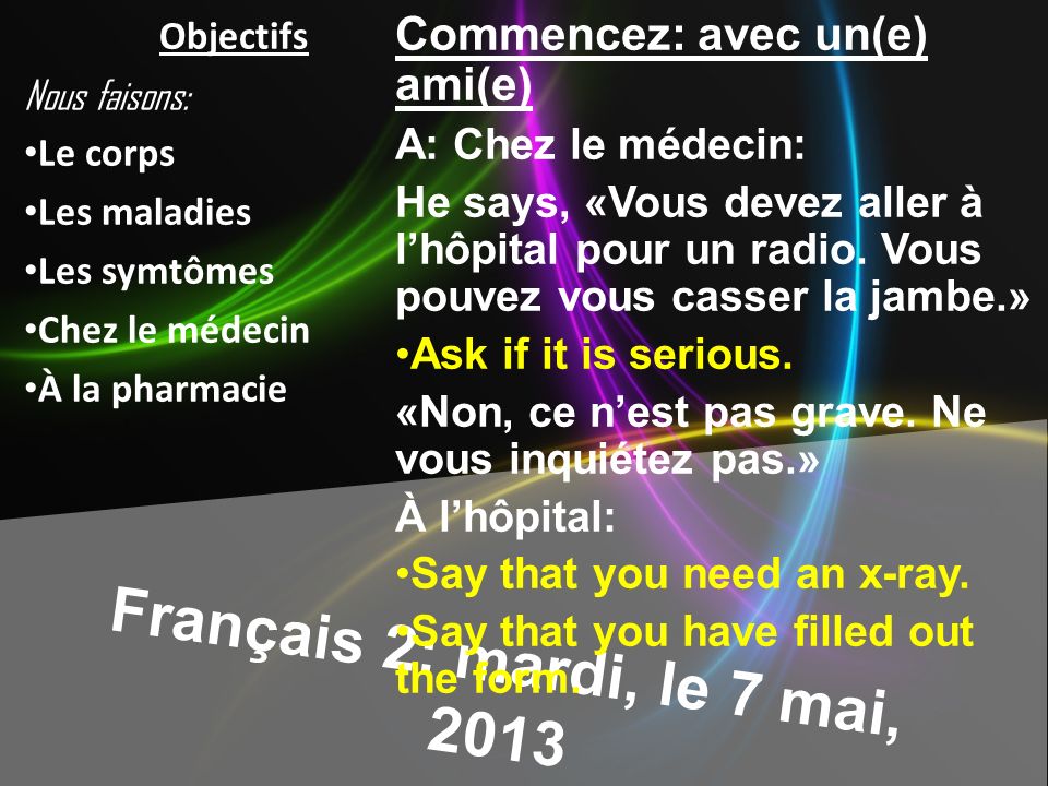 Français 2: mardi, le 7 mai, 2013 Commencez: avec un(e) ami(e) A: Chez le médecin: He says, «Vous devez aller à lhôpital pour un radio.