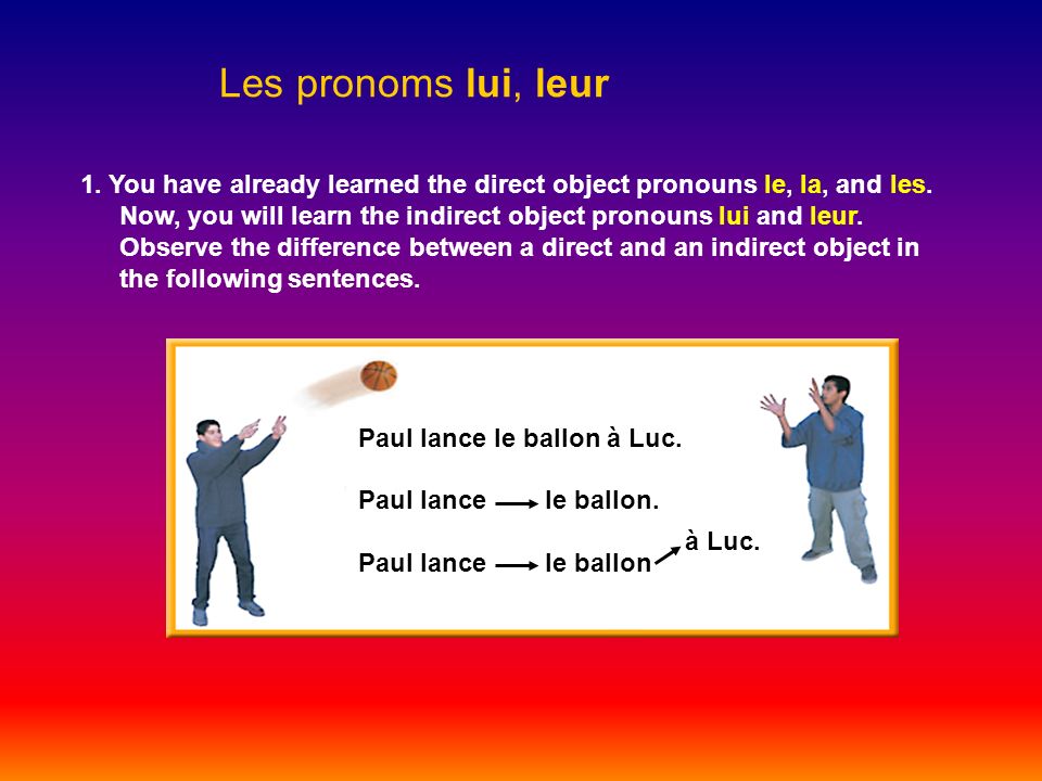 Les pronoms lui, leur 1. You have already learned the direct object pronouns le, la, and les.
