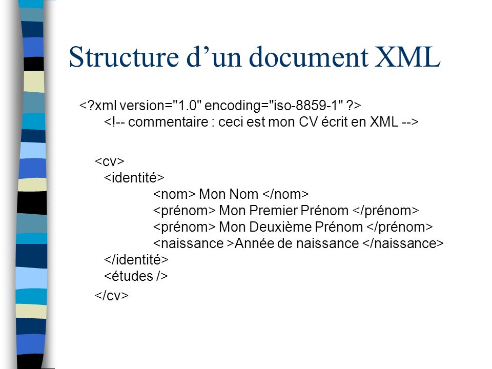 Structure dun document XML Mon Nom Mon Premier Prénom Mon Deuxième Prénom Année de naissance