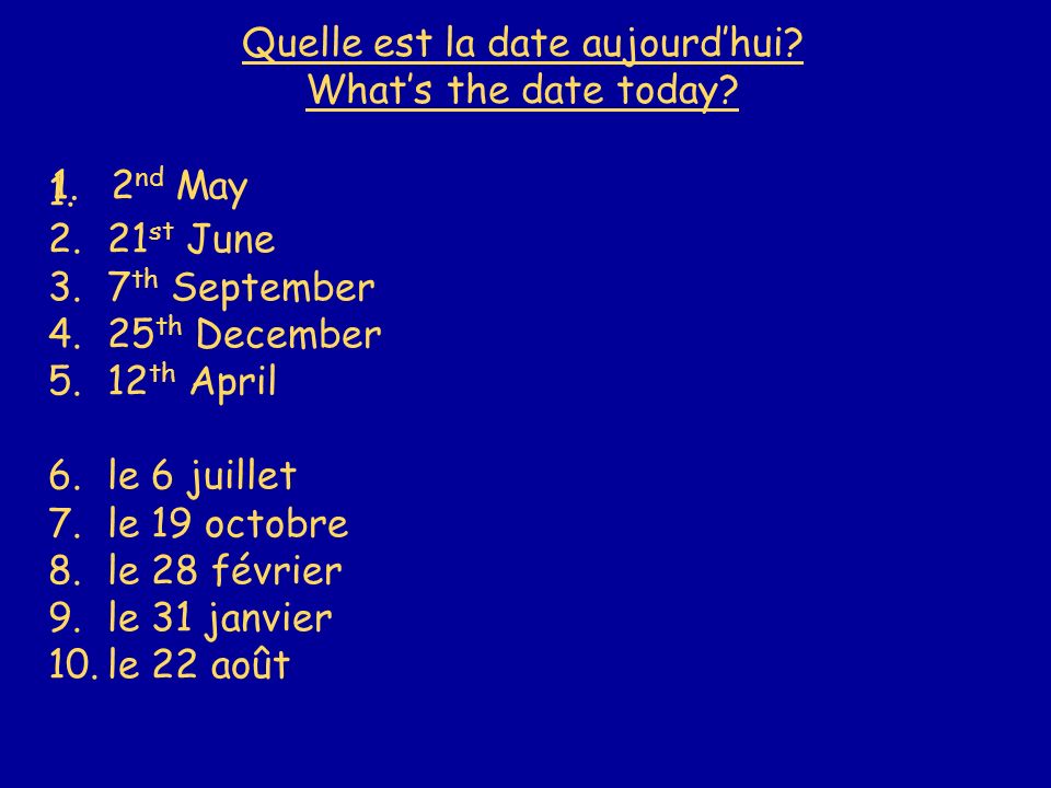 Quelle est la date aujourdhui. Whats the date today.