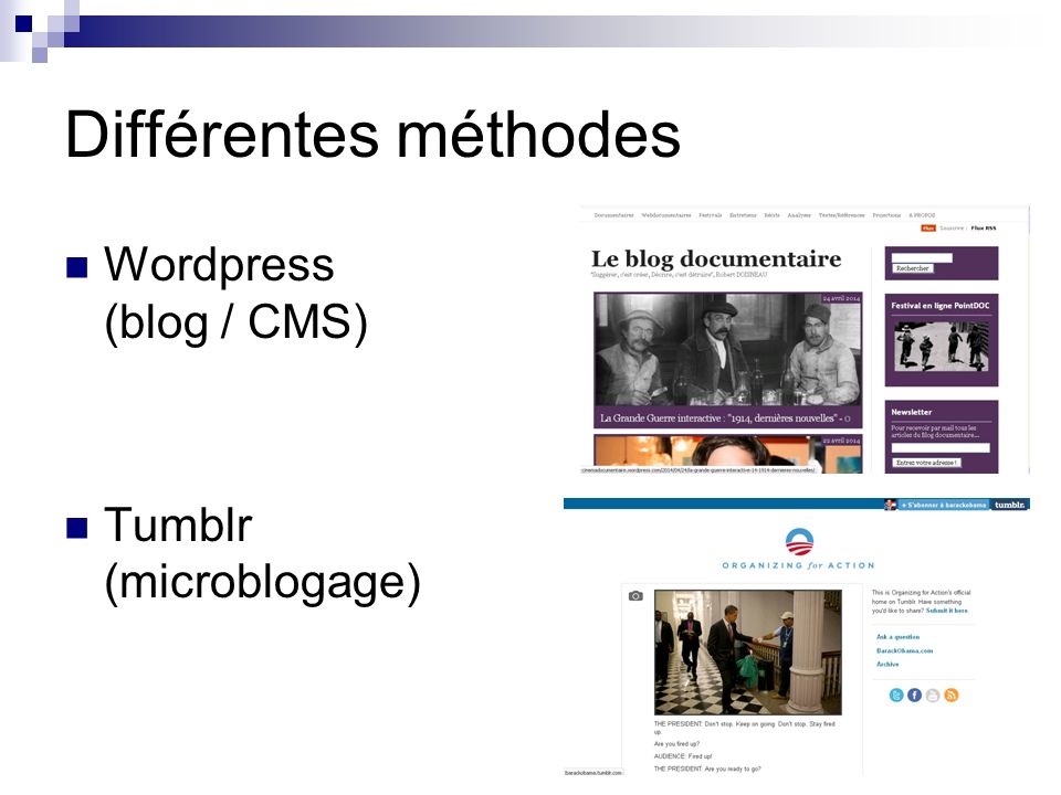 Différentes méthodes Wordpress (blog / CMS) Tumblr (microblogage)