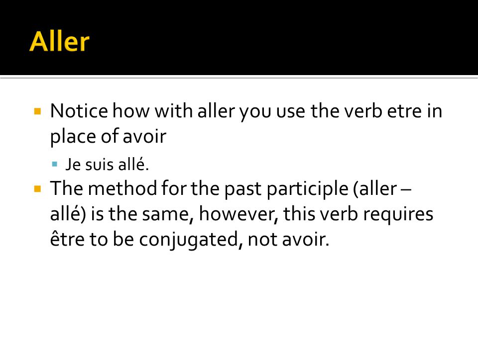 Notice how with aller you use the verb etre in place of avoir Je suis allé.