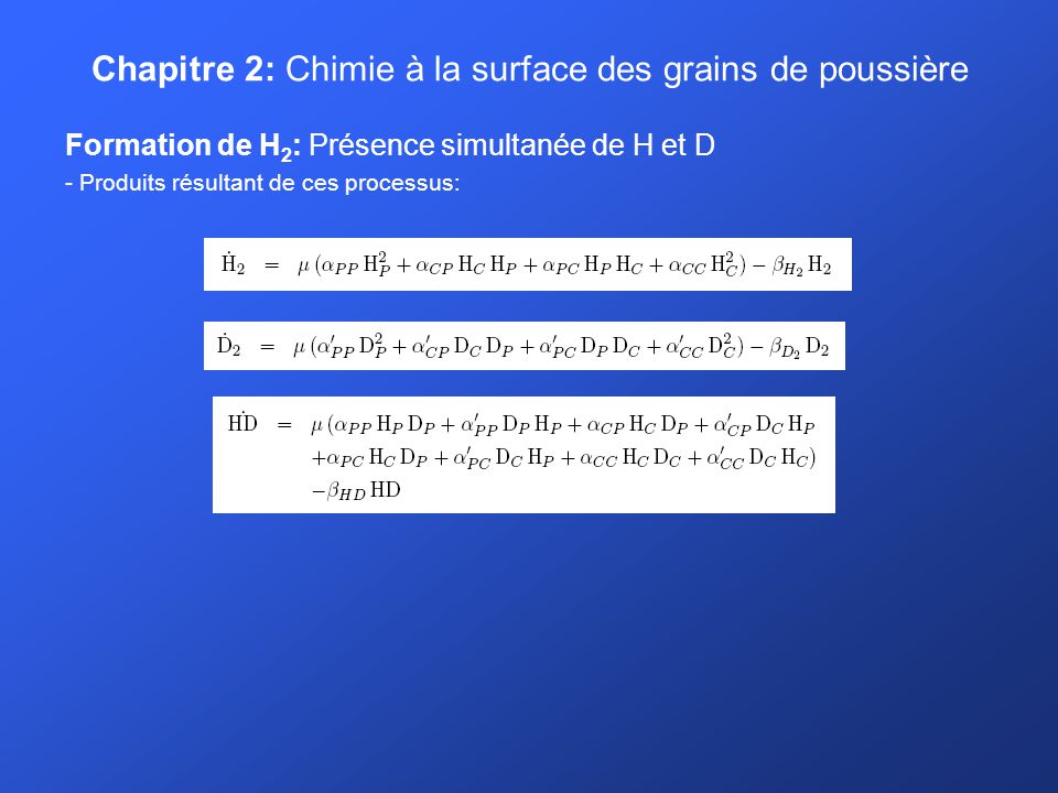 Chapitre 2: Chimie à la surface des grains de poussière Formation de H 2 : Présence simultanée de H et D - Produits résultant de ces processus: