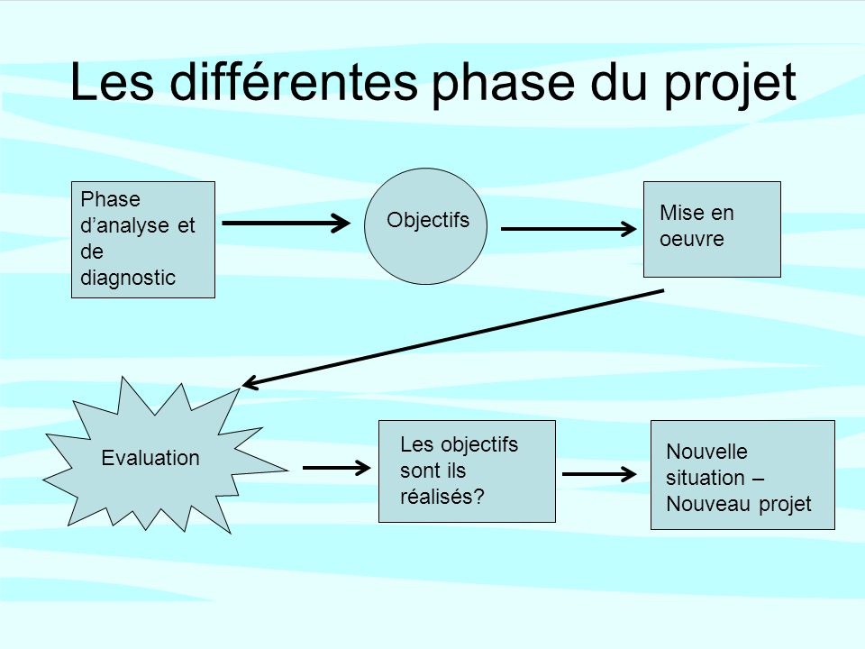 Les différentes phase du projet Phase danalyse et de diagnostic Objectifs Mise en oeuvre Evaluation Les objectifs sont ils réalisés.