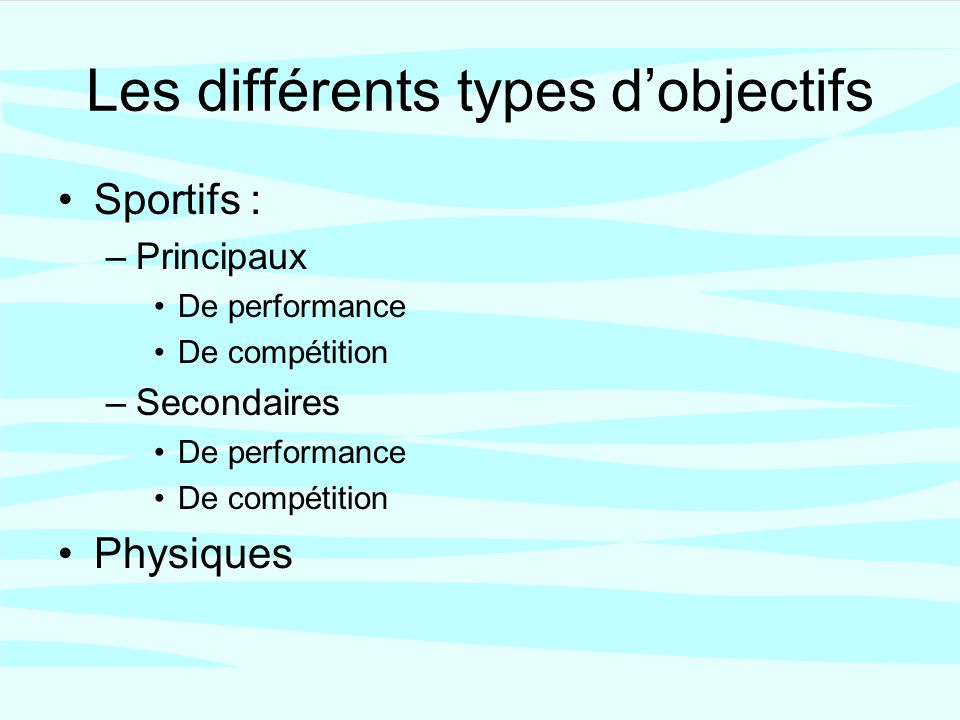 Les différents types dobjectifs Sportifs : –Principaux De performance De compétition –Secondaires De performance De compétition Physiques