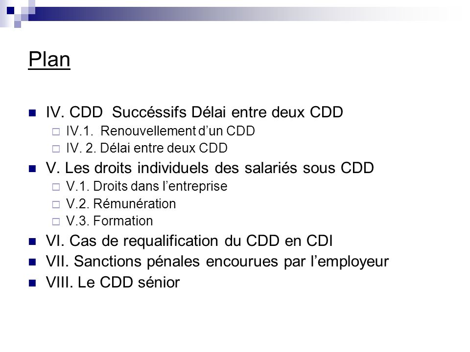 Plan IV. CDD Succéssifs Délai entre deux CDD IV.1.