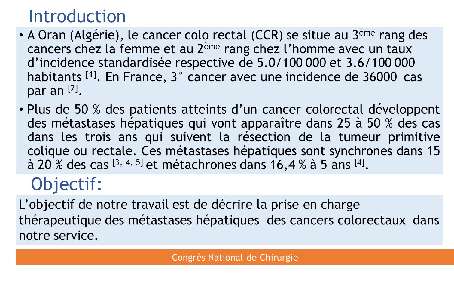Introduction A Oran (Algérie), le cancer colo rectal (CCR) se situe au 3 ème rang des cancers chez la femme et au 2 ème rang chez l’homme avec un taux d’incidence standardisée respective de 5.0/ et 3.6/ habitants [1].
