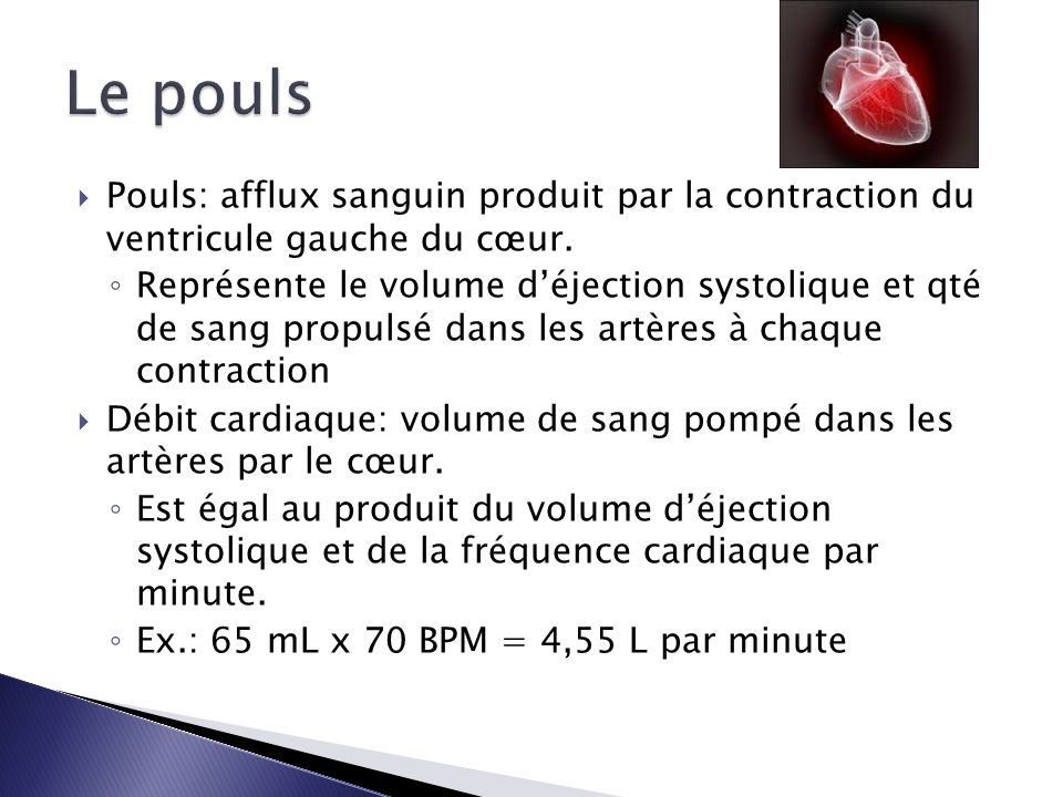  Pouls: afflux sanguin produit par la contraction du ventricule gauche du cœur.