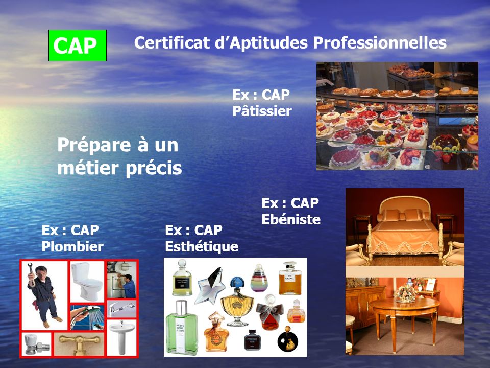 CAP Certificat d’Aptitudes Professionnelles Prépare à un métier précis Ex : CAP Pâtissier Ex : CAP Ebéniste Ex : CAP Plombier Ex : CAP Esthétique
