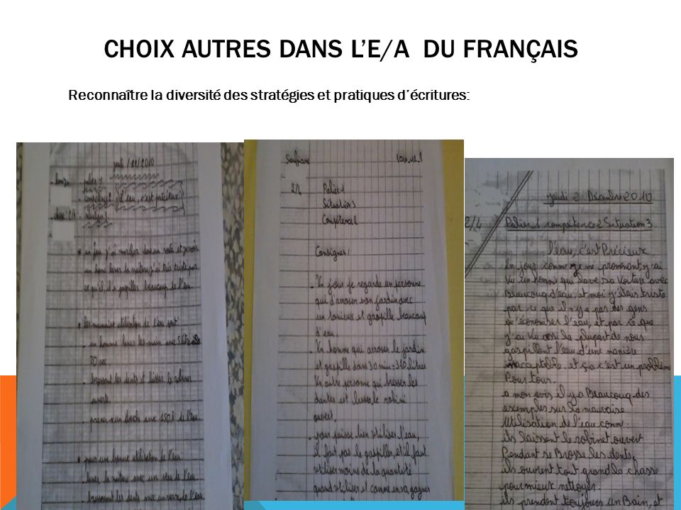 CHOIX AUTRES DANS L’E/A DU FRANÇAIS Reconnaître la diversité des stratégies et pratiques d’écritures: