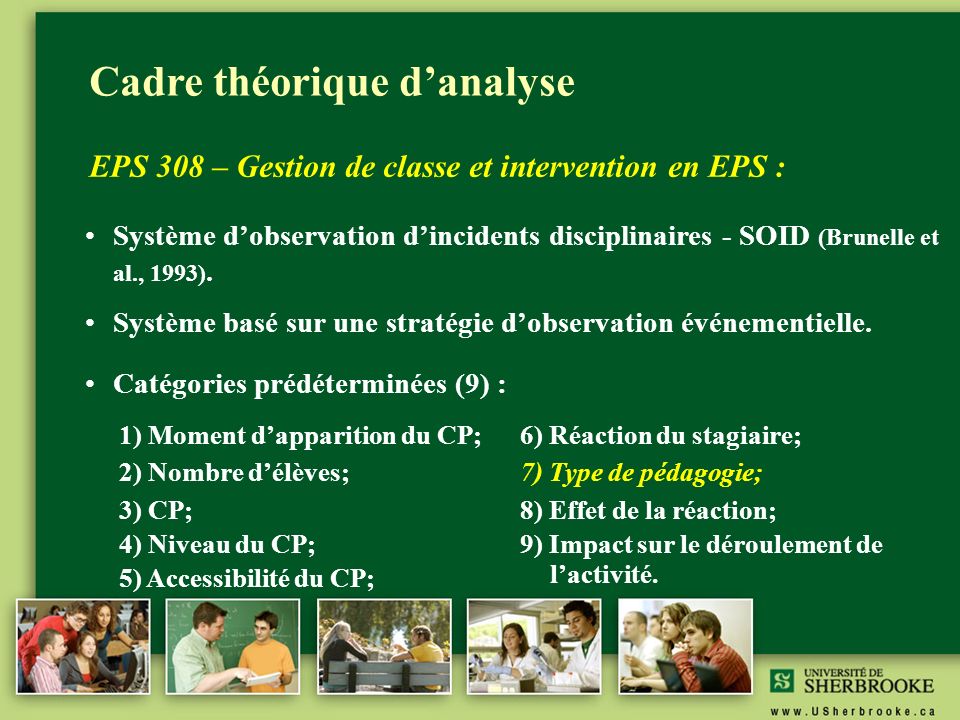 Cadre théorique d’analyse EPS 308 – Gestion de classe et intervention en EPS : Système d’observation d’incidents disciplinaires - SOID (Brunelle et al., 1993).